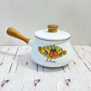 French fondue pan, vintage Floral Enamel Fondue white pan, Corning Ware Spice of
